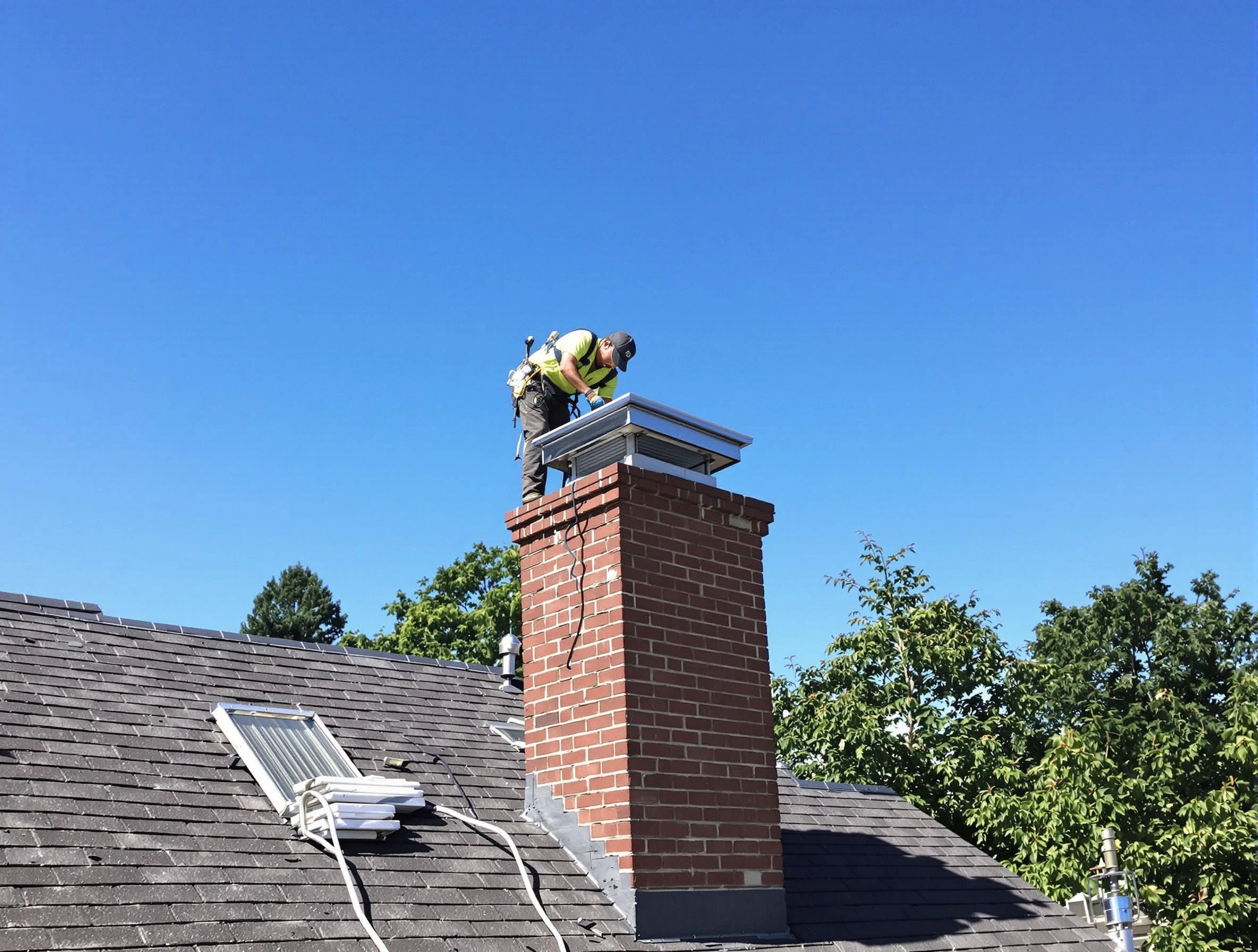 Marlboro Chimney Sweep technician measuring a chimney cap in Marlboro, NJ